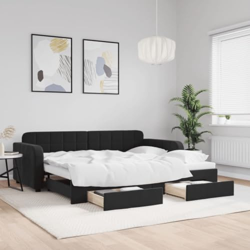 Mokuyary Tagesbett Ausziehbar mit Schubladen Schwarz 90x200 cm Samt Schlafcouch Polsterbett Ausziehbar mit Gästebett, Schlafsofa für Erwachsene 2 Personen