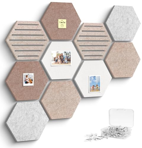 Filz Pinnwand Sechseckig, 10 Stück Pinnwand Kork Alternative Selbstklebend, Dekorative Filzboard Vision Board Fotowand Memoboard Wanddekoration mit 30 Pinnnadeln für Büro, Küche, Kinderzimmer