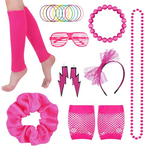 11 Stück 80er Jahre Outfit Damen Set,90er Jahre Outfit Damen Accessoires,Vintage Neon Kleidung,Stirnband, Armband,Haarband,Brille,Netzhandschuhe,Halskette,Glitzerohrringe,Neon-Stulpen,Mottopartys