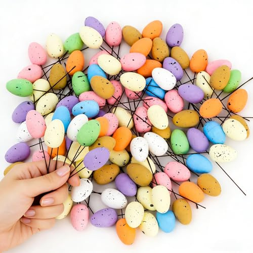 Fangoo 120 Stück Mini Schaumstoff Ostereier Gesprenkelte Dekorationen Klein mit Stielen Künstliche Vogeleier Handwerk für Frühlingsparty Korb Füllungen Kranz Dekoration DIY Basteln Garten Deko