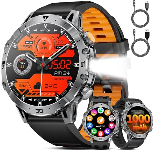 SUNKTA Men's Smartwatch 1000 mAh Large Battery 1.7 Inch HD Bluetooth Calls Men's Smartwatch for iOS Android with LED Torch, Heart Rate / Sleep Monitor / Pedometer, 3 Bracelets, 2 Chargers, Black