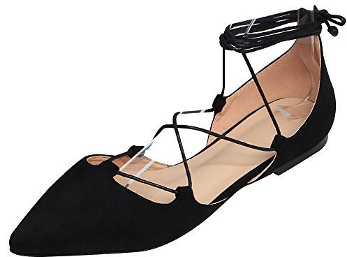 Jamron Donna Morbido Pelle Scamosciata Sintetica Piatto Appuntito Pumps Fantasia Croce con Cordoncino Ballerine Nero SN02323 EU38.5