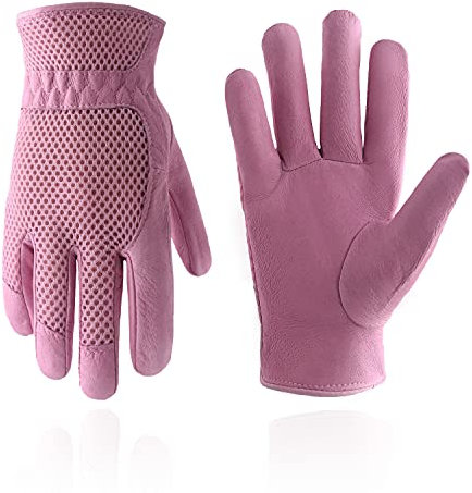 HANDLANDY Leather Gardening Gloves for Women, 3D Mesh Comfort Fit- Improves Dexterity and Breathability, Pigskin Scratch Resistance Garden Working Gloves for Vegetable or Pruning Roses(Large, Pink