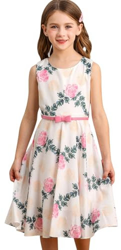 BONNY BILLY Vestito Bambina Elegante Cerimonia Festa Floreale Vintage Estivo Senza Maniche con Cintura 10-11 Anni Floreale Rosa