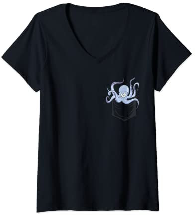 Damen Krake mit Tentakeln | Oktopus In Tasche Kraken T-Shirt mit V-Ausschnitt