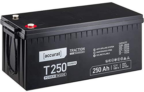 Accurat AGM Batterie T250-12V, 250Ah, zyklenfest, wartungsfrei - Traction Versorgungsbatterie, Carbon Blei Akku, Solarbatterie, Bootsbatterie für Wohnmobil, Wohnwagen, Camper, Bootsbatterie