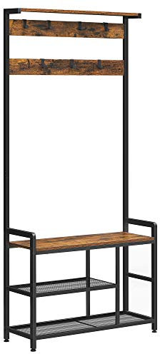 VASAGLE Grand portemanteau, Meuble d’entrée, avec 7 Crochets et Banc à Chaussures, Vestiaire, avec étagères, pour Chambre, Cadre en Acier, Style Industriel, Marron Rustique et Noir HSR088B01