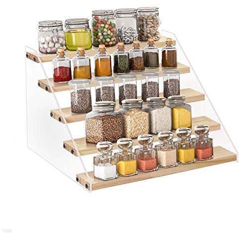 VAEHOLD Gewürzregal Organizer für Schrank & Arbeitsplatte – Gewürzorganizer Gewürzregal – platzsparendes Holzdisplay Riser Regal Showcase Fixtures Schmuck (5 Etagen)