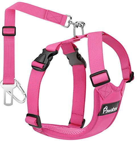 Pawaboo Hundegeschirr für Hund im Auto, Geschirr mit verstellbar Sicherheitsgurt and Stark Karabinerhaken, Luftdurchlässig Gittergewebe, Einfache Steuerung für Fahrsicherheit - L, Rosarot