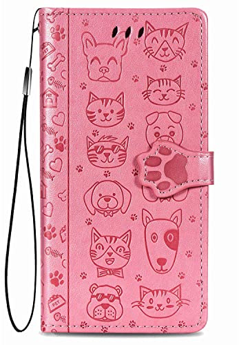 Fertuo Hülle für Realme 8i, Handyhülle Leder Flip Case Tasche mit Kartenfach, Magnet und Standfunktion [Katze Hund Muster] Schutzhülle Wallet Cover für Realme 8i, Rosa