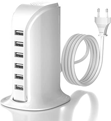 Cargador USB de 50 W, 6 puertos, varios cargadores USB, cargador USB de escritorio para iPhone XR/XS Max/X/8 Plus/8, Samsung Galaxy S9 +/S8/Huawei P30/P20/HTC/LG (blanco)