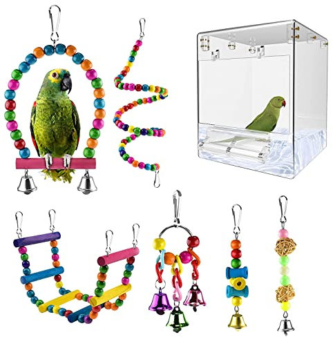 QeeHeng Baignoire pour Oiseaux, bac de Bain pour Oiseaux, boîte de Bain Transparente pour Petits Oiseaux, (boîte de Bain pour Oiseaux sans Fuite + 6 Jouets pour Oiseaux)