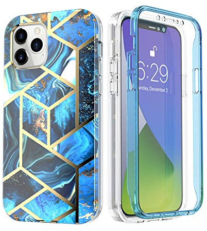 UEEBAI Case for iPhone 12 Pro Max 6.7 inch, Stylish Marble Pattern Full Body Protective Case with Built in Screen Protector Hard Plastic PC Case Soft TPU Shockproof Cover - Blue 2
