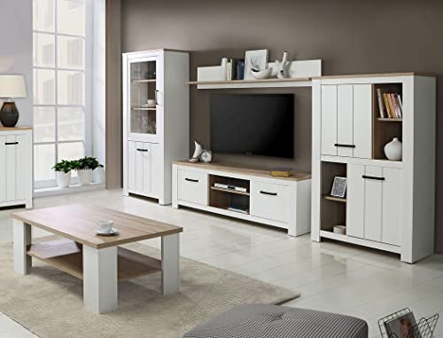 expendio Wohnzimmer Eike 30 weiß Eiche Bianco 5-teilig Wohnwand TV-Wand Vitrine Highboard Lowboard Wandregal Couchtisch