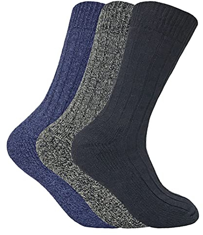 3 Pairs Mens Thick Cushioned Sole Winter Warm Wool Blend Walking Hiking Socks for Boots (6-11 uk, WB Blue)