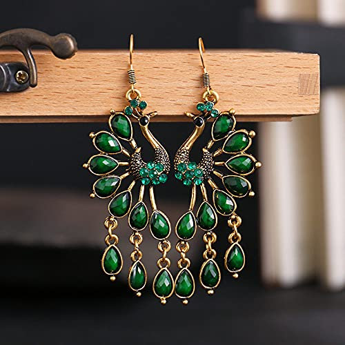 MIVY Ohrringe Hängend,Vintage Grüner Edelstein Pfau Quaste Ohrringe Kristall Ohrringe Für Frauen Charme Haken Ohrringe Lange Ohrringe Prom Party Schmuck