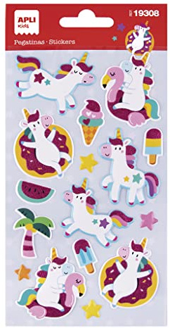 APLI 19308 Glitzer-Einhorn-Aufkleber, 1 Blatt mit 16 Permanentklebern, ideal für Scrapbooking, Dekoration, DIY