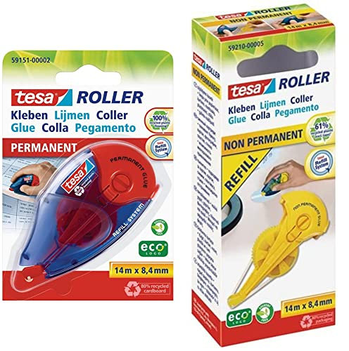 tesa Roller Kleben Permanent ecoLogo - Nachfüllbarer Kleberoller mit reißfestem Band und doppelseitigem Klebefilm - 14 m x 8,4 mm & Nachfüllpackung für Kleberoller nicht-permanent 8,4 mm x 14 m