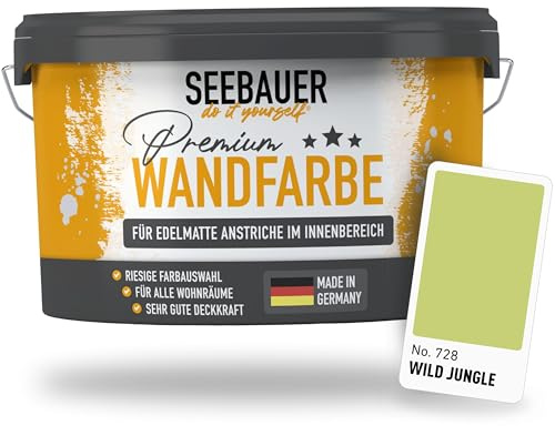 SEEBAUER diy Wandfarbe Grün 5L für Innen (No. 728 Wild Jungle) Edelmatte hellgrüne Innenfarbe - Grüntöne sehr hohe Deckkraft - Matt, Abwaschbar und Tropffrei