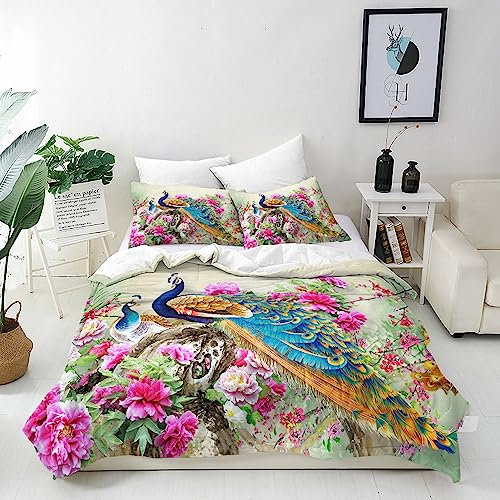 ANHOPE Aquarell Blume Pfau Bettwäsche Set 3 Teilig Bettbezug 200x200 cm + 2 Kissenbezug 50x70 cm Weich Microfaser Bettbezüge Set mit Reißverschluss Ganzjahres Bettdeckenbezug Set