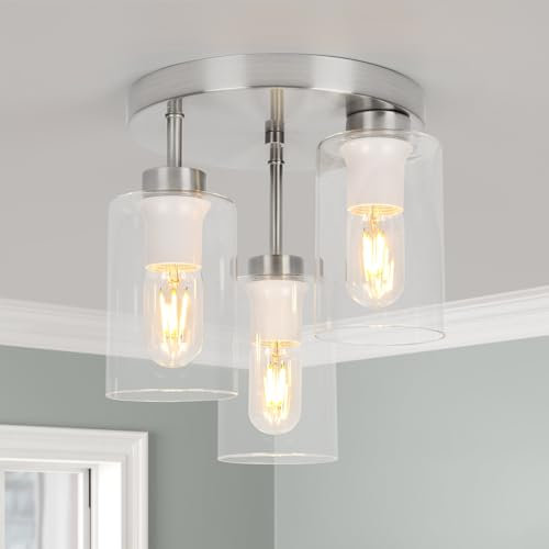 FORCOSO 3 Way Glass Ceiling Lights - Semi Flush Ceiling Light Vintage Industrial Light Fitting Ceiling for Hallway Kitchen Living Room Bedroom Dining Room (Brushed Nickel)