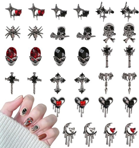 Halloween Nail Charms,32PCS Skull Skeleton Spider Cross Moon Heart Nail Rhinestones and Gems,Silver Alloy Nail Art Jewelry Decoration for DIY Halloween Nail Design Crafts