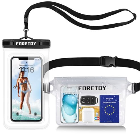 FORETOY wasserdichte Tasche, wasserdichte Handyhülle Unterwasser, wasserdichter Beutel wasserfeste Bauchtasche Schutzhülle mit IPX8 Handytasche für Wassersport, Schwimmen, Bootfahren, Strand usw