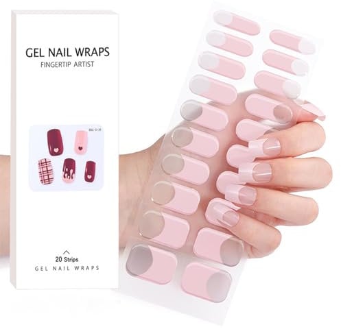 Semi Cured Gel Nails Strips 20 Stickers Nail Wraps Soft Long Lasting Self-Adhesive Gel Nail Stickers Waterproof Salon-Quality Gel Nail Strips for Nails French Tip Manicure UV/LED Lamp Required