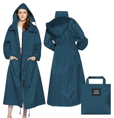 LAMA Imperméable long, vetement de pluie femme manteaux imperméables, long poncho pluie imperméable manteau femme Élégant imperméable capuche cape de pluie pour vélo randonnée trekking, Bleu océan XL