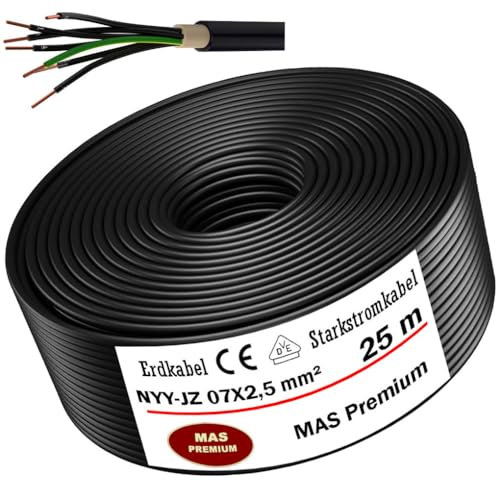 MAS Premium Erdkabel Starkstromkabel 5-100m NYY-JZ 7X1,5, 2,5 oder 4 Elektrokabel Ring zur Verlegung im Freien, Erdreich (NYY-JZ 7X2,5 mm², 25m)