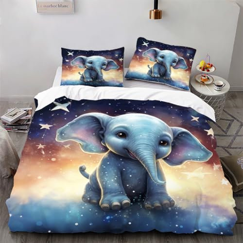 Ruiqieor Bettwäsche 135x200cm,Elefant Motiv Bettwäsche Set 3teilig,1 Bettbezug und 2 Kissenbezug 80x80 cm,3D Cartoon Tiere gedruckte Kind Bettwäsche（#22）