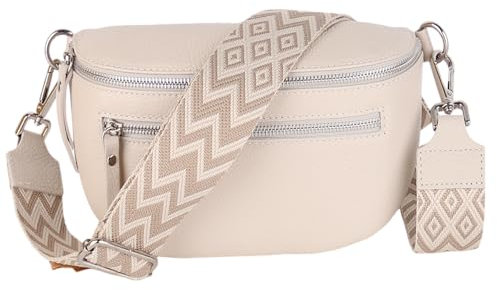 MIRROSI® Damen Bauchtasche Umhängetasche 27x14,5x8cm Damen, Made in Italy, aus Echtleder Tasche Echtes Leder, Brusttasche, Crossbody Bag,Bohemian Style (1 Tasche 2 Gurte) (Beige Boho Taupe)