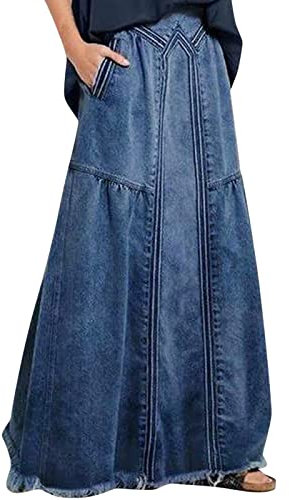 Damen Vintage Jeansrock mit Taschen Casual Elastische Taille Ausgefranster Saum A-Linie Distressed Hippie Lange Maxi Denim Rock Freizeit Hoch Taille Rock Elegante A-Linie Rock im Used (Dark Blue, M)