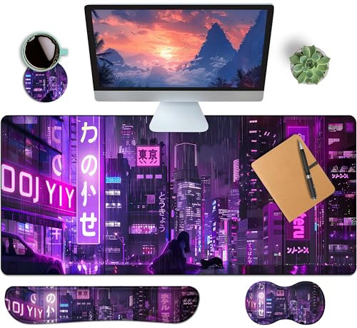 HaoSiTeck Lot de 4 grands tapis de souris pour homme et femme avec motif animé violet - Grand tapis de souris XXL de 90 x 40 cm - Repose-poignet et dessous de verre pour bureau et maison