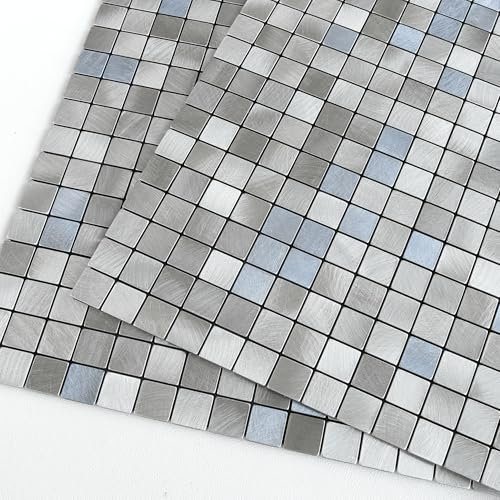 M MOFIT Mosaic Stick on Tiles Kitchen,3D Self-Adhesive Wall Tiles Stickers Metal Panels Square(5pcs,Blue Grey)