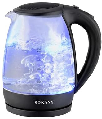 Hervidor de Agua Eléctrico de Cristal,2 L 1500W, hervidor electrico transparente de con apagado automatico,Libre de BPA y con filtro extraible y lavable. Sokany