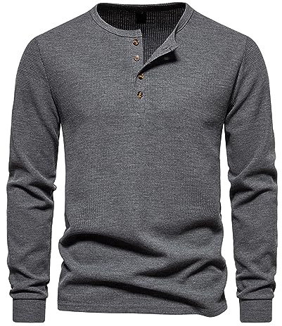 Men's Henley Long Sleeve Waffle Knitted Casual Shirts - Quick Dry Lightweight Button Golf Casual Summer Tops for Lots of Color