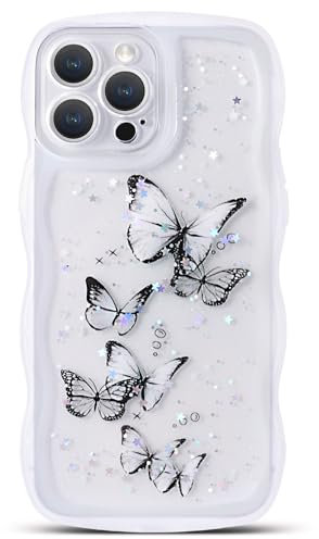 NITITOP Compatible with iPhone 12 Pro Max Case Cute Clear for Women Girls Butterfly Bling Glitter Sparkling Star Wave Curly Frame Soft TPU Shockproof Camera Protective Cover - White