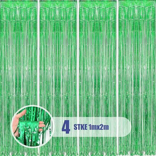DEUXYU Lametta Vorhang Grün, 4 STK 1x2m Funkeln Metallische Lametta Vorhang, Folienfransen Vorhang zum deko Party, Geburtstage, Disco, Weihnachten, Party Lametta Vorhang Grün