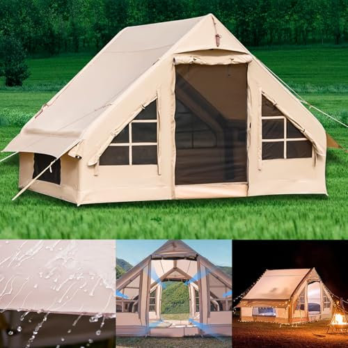Aufblasbares Zelt, Hochdruck-Schnellaufblasanlage, Outdoor-Campingzelt für 2-4 Personen, 420D Oxford-Tuch Wasserdicht mit Netzfenstern, Kaminöffnung & Netz-Türen (300 * 210 * 200cm, 2-4 Personen)