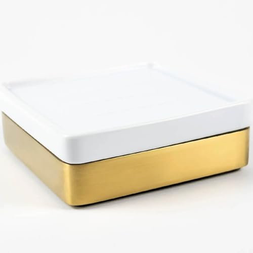 Pebble Grey™ Elemental Ceramic Soap Dish for Bathrooms, Square Soap Holder, Padded Bottom, Freestanding (Brushed Brass)