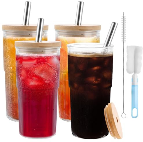LDXDRU 4 vasos de cristal con tapa y pajita, 700 ml, a rayas, juego de vasos de cristal, vasos de café helado, vasos de cóctel, vasos de té de burbujas, vasos con tapa de madera