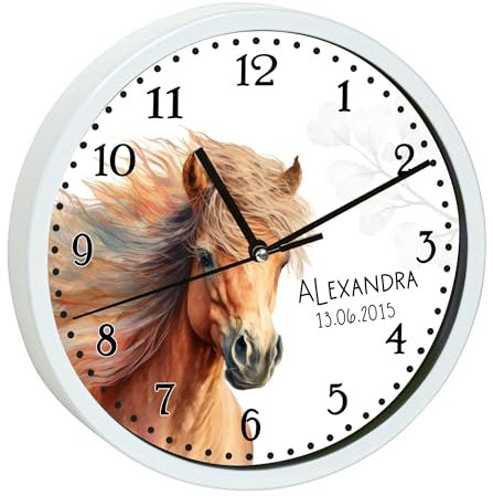 CreaDesign, Wanduhr Kinder personalisiert mit Name, Motiv Wanduhr mit weißen Rahmen Pferd Ponny, Rahmen Wanduhr weiß, Ø 19,5 cm