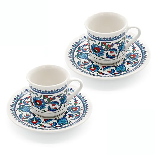 Turkish Coffee Cups Set of 2 with Saucers and Cup Holder, Ceramic Espresso Cups, Perfect for Serving Arabic Coffee – White & Blue Pattern