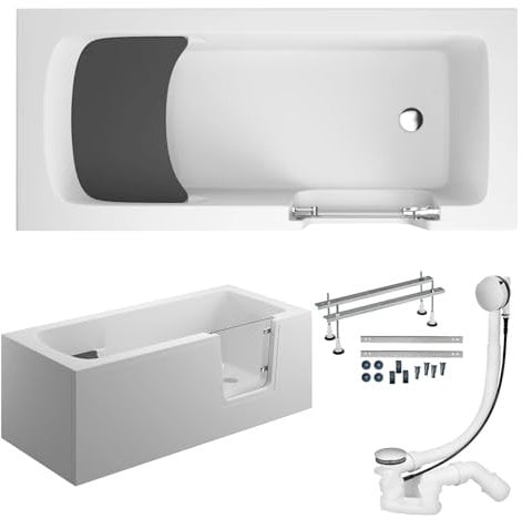 KOLMAN KOMPLETTSET 6in1 Acryl Weiß Wanne Badewanne Rechteck + AcrylSchürze, 180x80 cm, Seniorenbadewanne mit Glastür und Holzsitz AVO Rechts, Made in EU, Premium Ablaufgarnitur in Chrom & Wannenfüße
