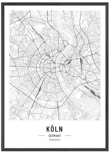 JUNOMI® Köln Poster 50x70 cm mit Rahmen Schwarz, Wohnzimmer Deko, Modernes Wandbild, Köln Bild, Wandbild mit Rahmen, Stadtplan Poster Köln, perfekte Geschenkidee für Kölner