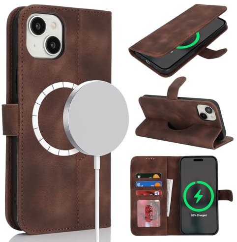 Zouzt Case for iPhone 14/13 (6.1), [Compatible with MagSafe] Magnetic PU Leather Wallet Case with Card Holders and Kickstand, Wireless Charging Flip Folio Phone Cover - Vintage Dark Brown