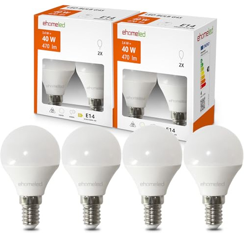 Ampoule LED E14, 3.4W Équivalent à 40W G45/P45 Ampoules, Blanc Chaud 3000K | 470lm Mini Globe G45 E14 Petit Culot à Vis, AC 220-240V Lampe LED à Économie d'Énergie, Durable, Non dimmable, Lot de 4