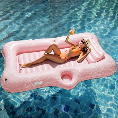HeySplash Flotteur de Piscine Gonflable, Grand Bateau Flottant Gonflable pour Adultes avec Porte-Gobelet et Oreiller Détachable, Flotteur de Bronzage en Lac, Rivière, Eté, Fête de l'eau, Feuille Rose