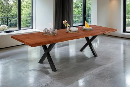 SAM Esstisch Cali mit Ansteckplatten | 220 x 100 cm (erweiterbar auf 320 x 100 cm) | Akazie massiv & nussbaumfarben | echte Baumkante | X-Gestell Metall schwarz | Baumkantentisch/Esszimmertisch